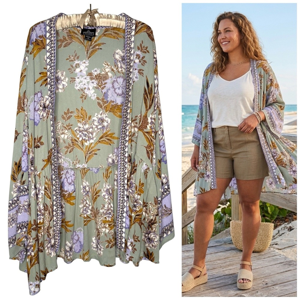 Angie 1X Boho Floral Kimono Duster Plus Size Open Front Beachy Coastal Cover Up